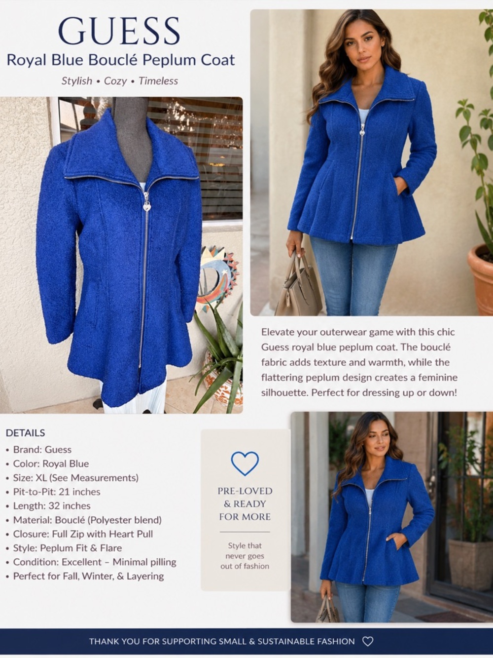Guess Royal Blue Bouclé Peplum Jacket Coat XL Heart Zip